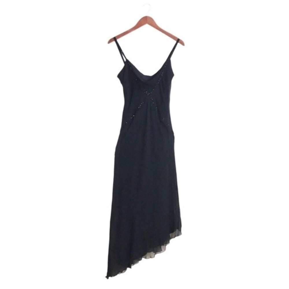 VTG 90s Y2K Beaded Cowl Neck 100% Silk Asymmetrical Cocktail Midi Dress Black 8 - Picture 2 of 7